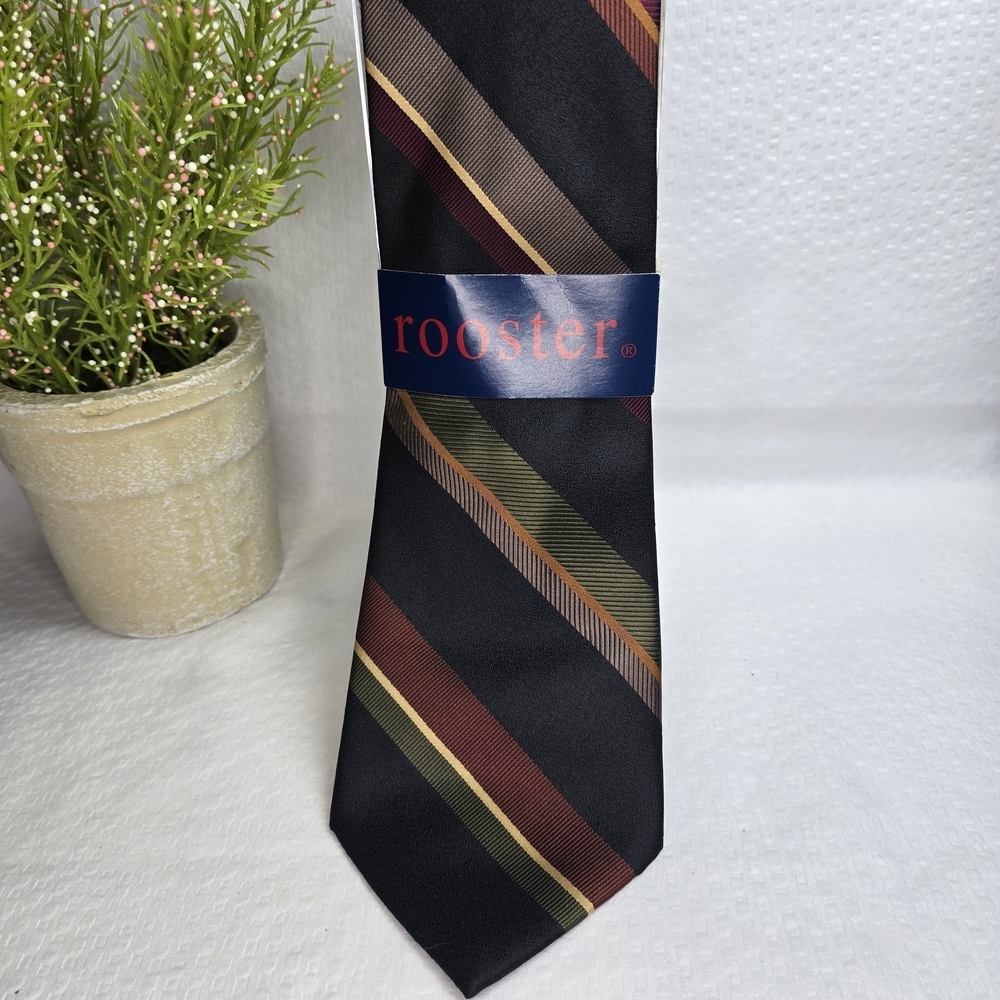 Blue Rooster Men's Black Diagonal Striped Tie 100% Silk NWT vintage